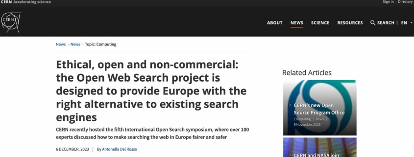 "Ethical, open and non-commercial: the Open Web Search project is designed to provide Europe with the right alternative to existing search engines" Screenshot of CERN news site